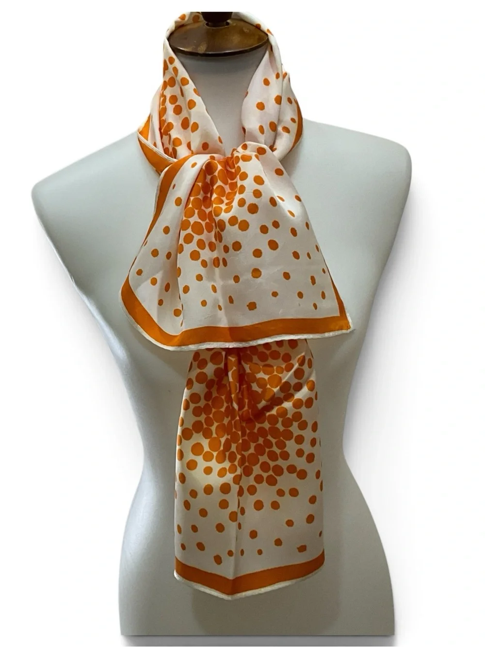 Vintage Vera Scarf Orange Ivory Polka Dot Acetate Long Oblong 42.5”